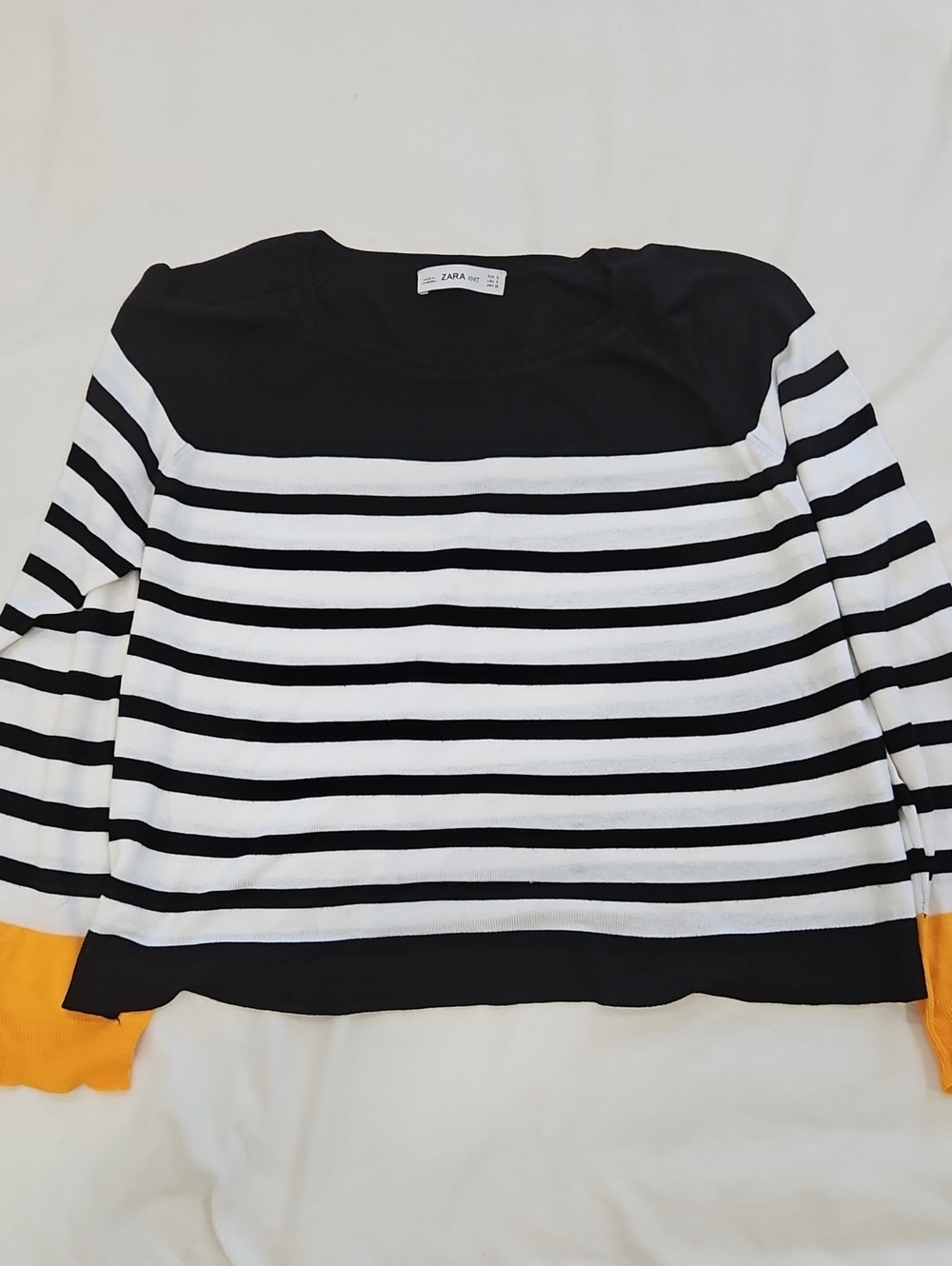 Zara Black & White Striped Long Sleeve Top with Yellow Cuff Accent